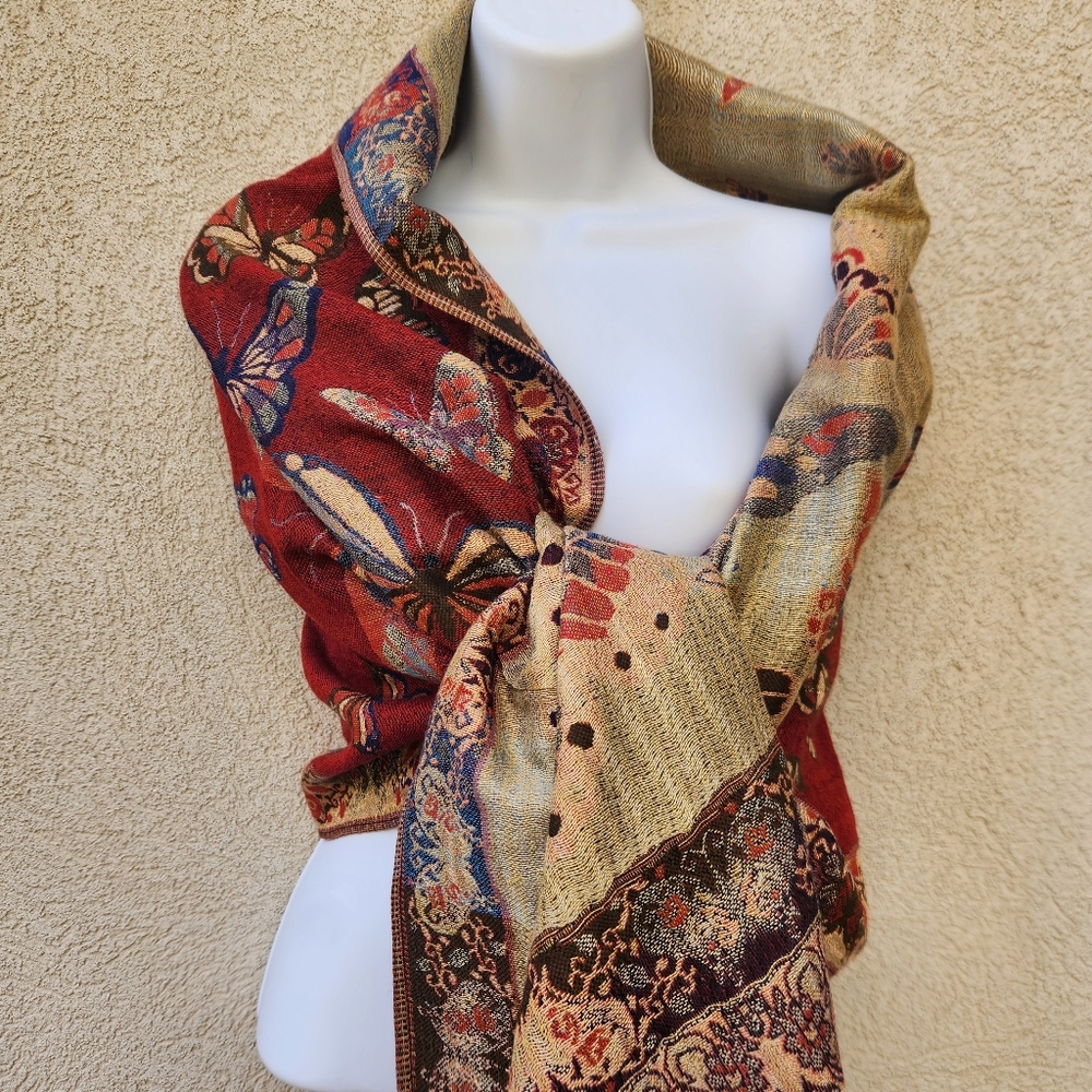 Butterfly Scarf Burgundy Beige Wrap Shawl Fringe 26 x 64